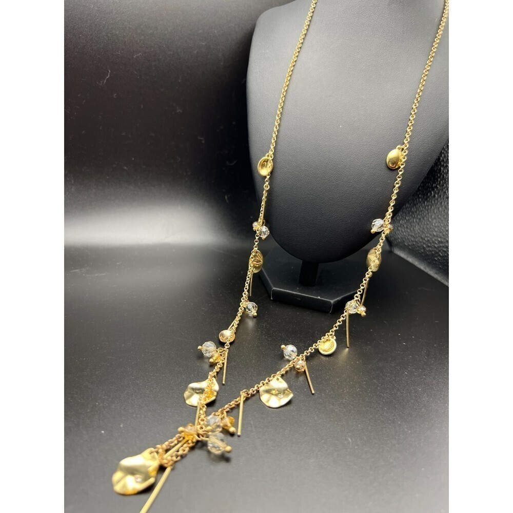 Source Unknown Gold Tone Long Layered Charm Necklace with Crystal Accents